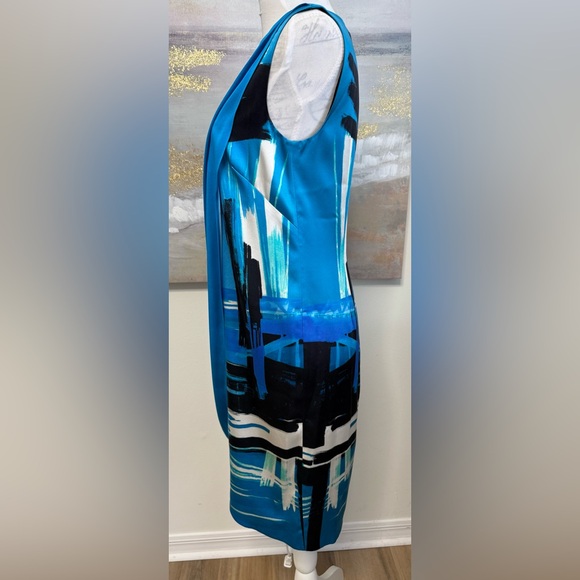 ST JOHN Brushstroke Stretch Silk Charmeuse Draped Cyan/Black Dress, Size 2 - Picture 10 of 16